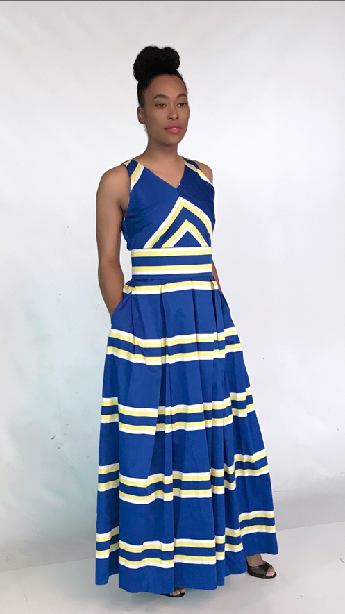 blue and white striped long dress