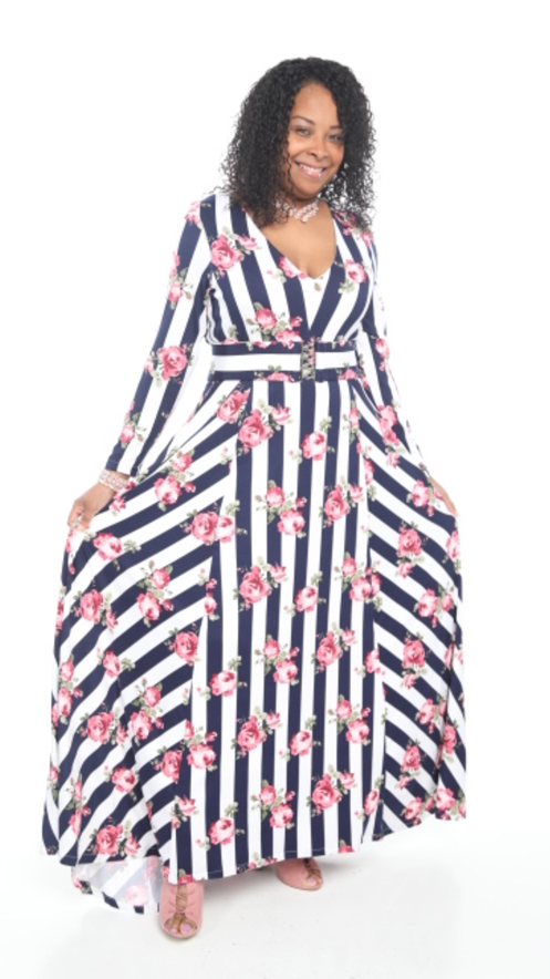 navy blue striped maxi dress